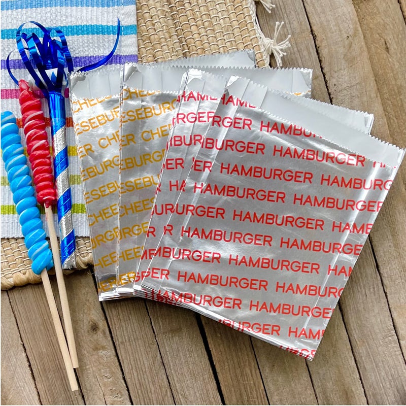 Outside the Box Papers Printed Foil Hamburger and Cheeseburger Bags - 50 Each - Silver Red Yellow - Image 5